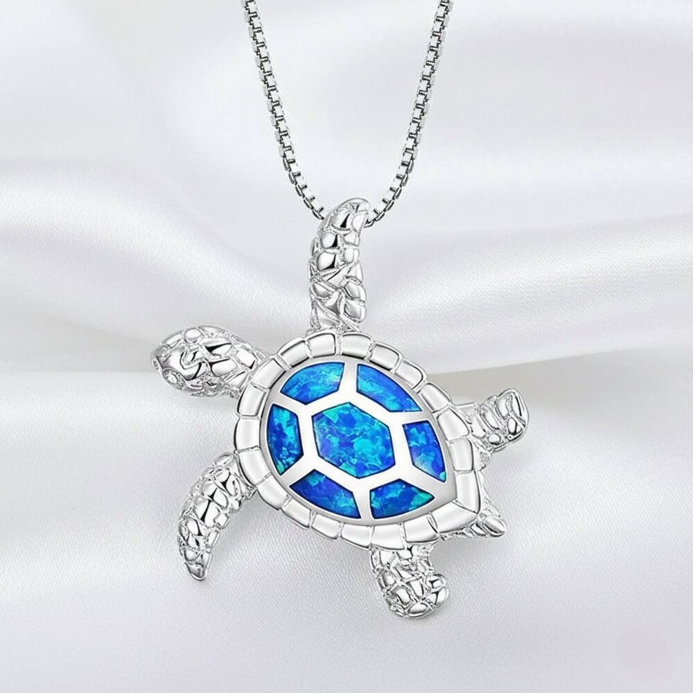 Silver and Hawaiian Blue Opal Sea Turtle Pendant Fashion Necklace NWOT